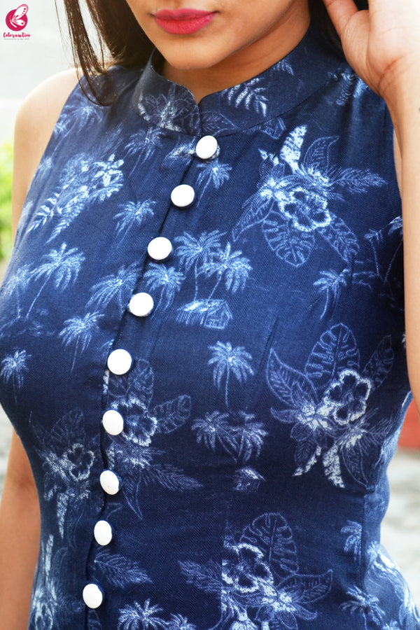 Blue Tropical Print Modal Rayon Kurti