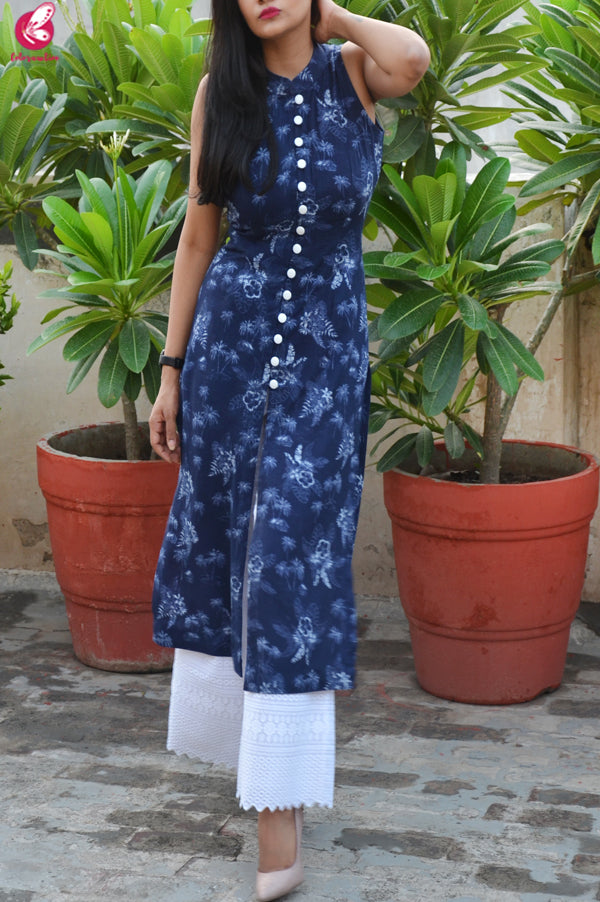Blue Tropical Print Modal Rayon Kurti with White Chikankari Full Lining Cotton Palazzo