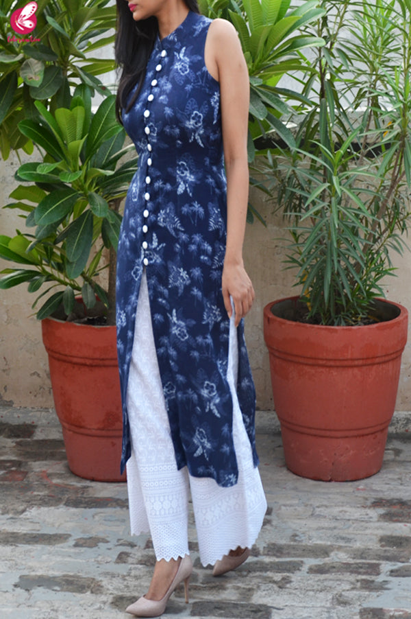 Blue Tropical Print Modal Rayon Kurti