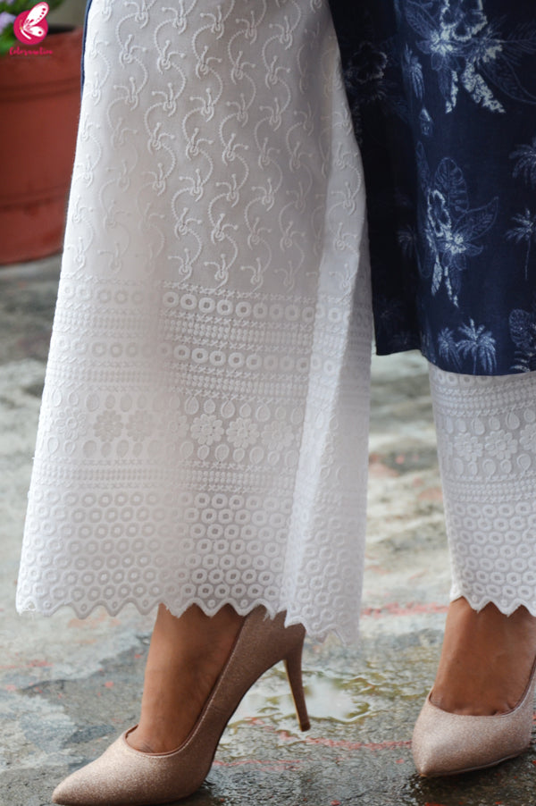 Blue Tropical Print Modal Rayon Kurti with White Chikankari Full Lining Cotton Palazzo