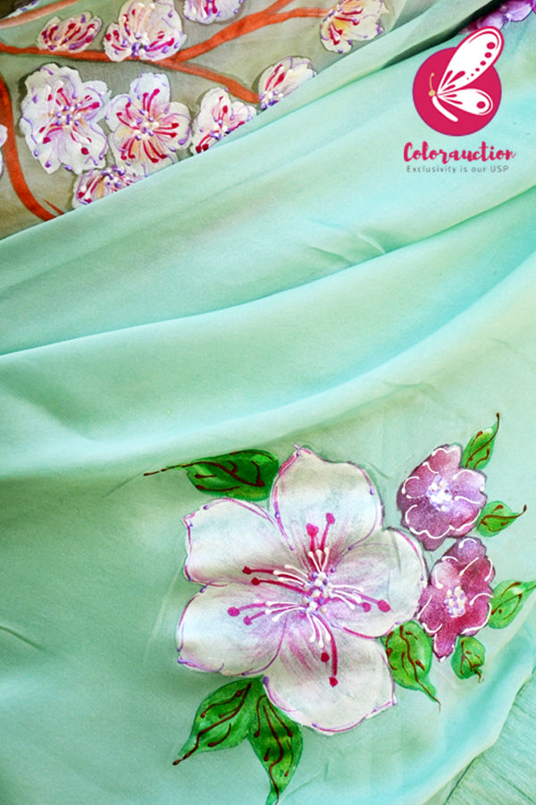Pistachio Green Pure Silk Chiffon Handpainted Saree