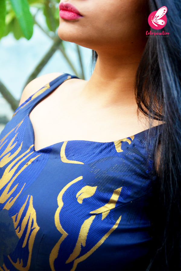 Blue Golden Brocade Padded Strappy Kurti With Golden Organza Sharara and Golden Organza Three-Tier Ruffle Stole Kurti Set