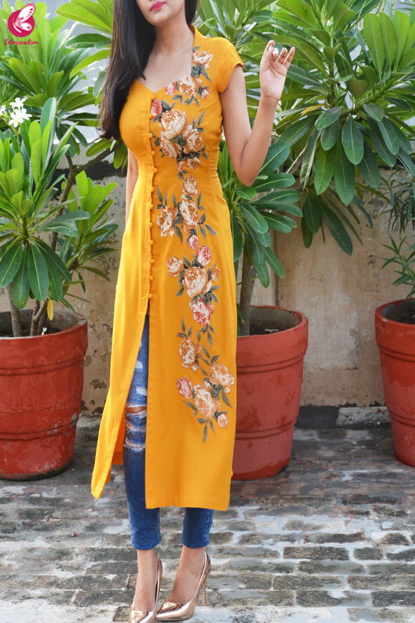 Mustard Modal Rayon Cap Sleeves Patch Work Kurti