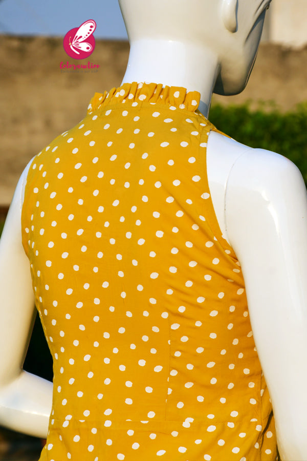 Mustard Yellow Printed Frill Kurti With White Cotton Silk Pants