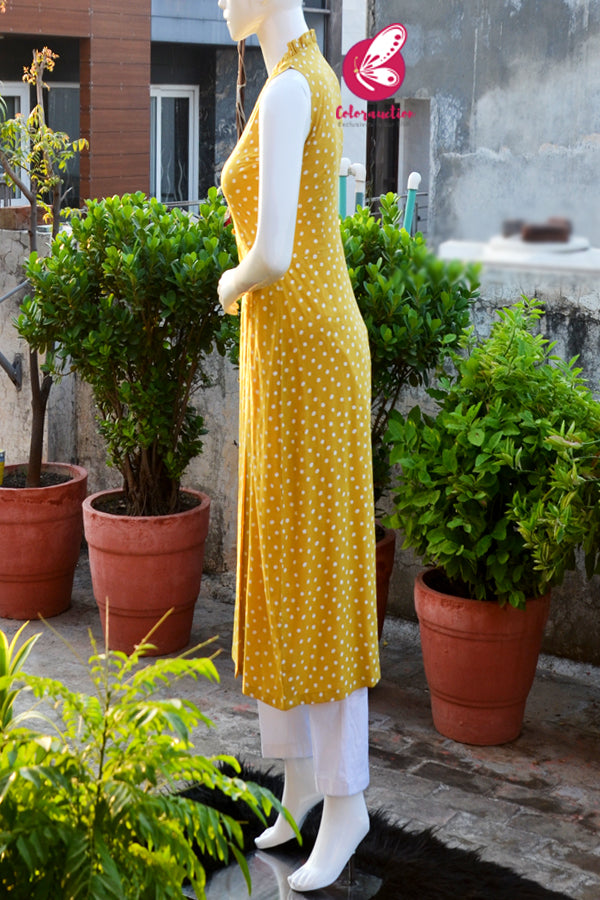 Mustard Yellow Printed Frill Kurti With White Cotton Silk Pants