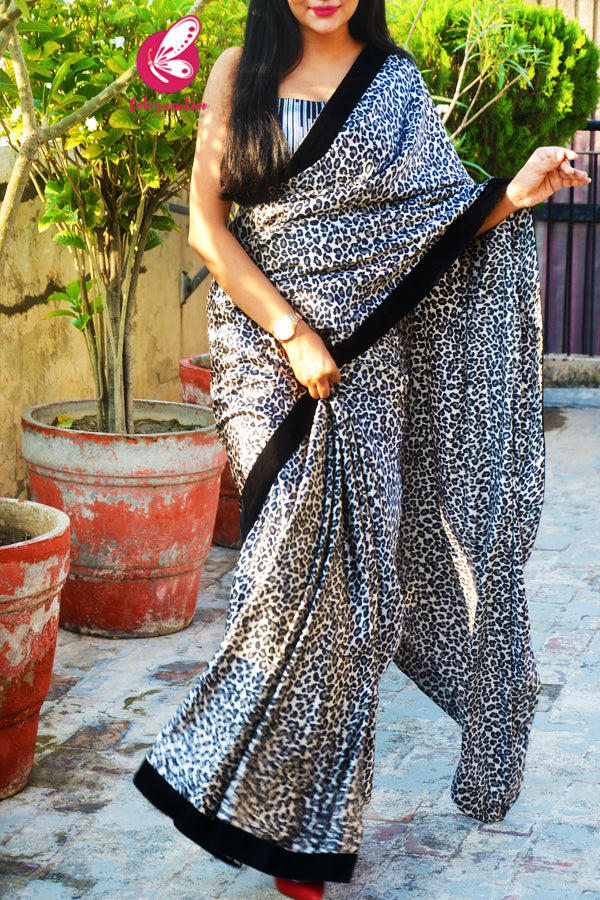 Silver Leopard Print Satin Black Velvet Taping Saree