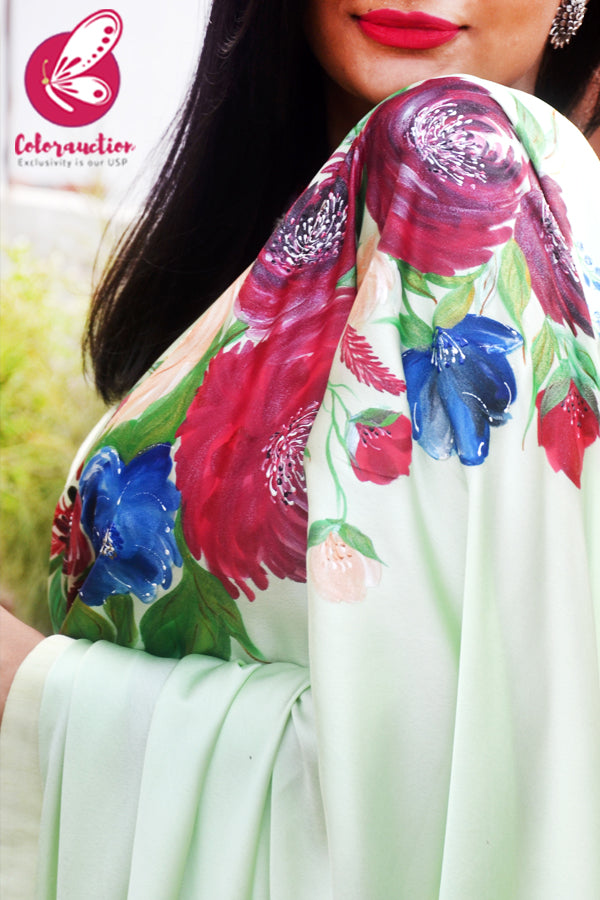 Light Pista Green Hand-painted Satin Floral Dupion Taping Saree