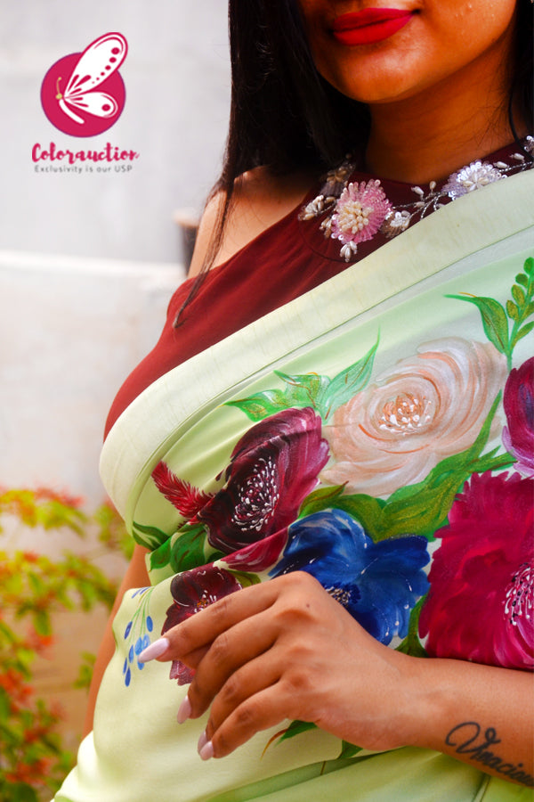 Light Pista Green Hand-painted Satin Floral Dupion Taping Saree