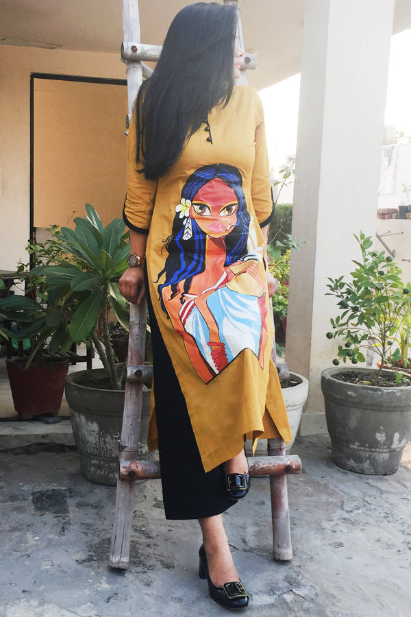 Mustard Glace Cotton Handpainted Kurti