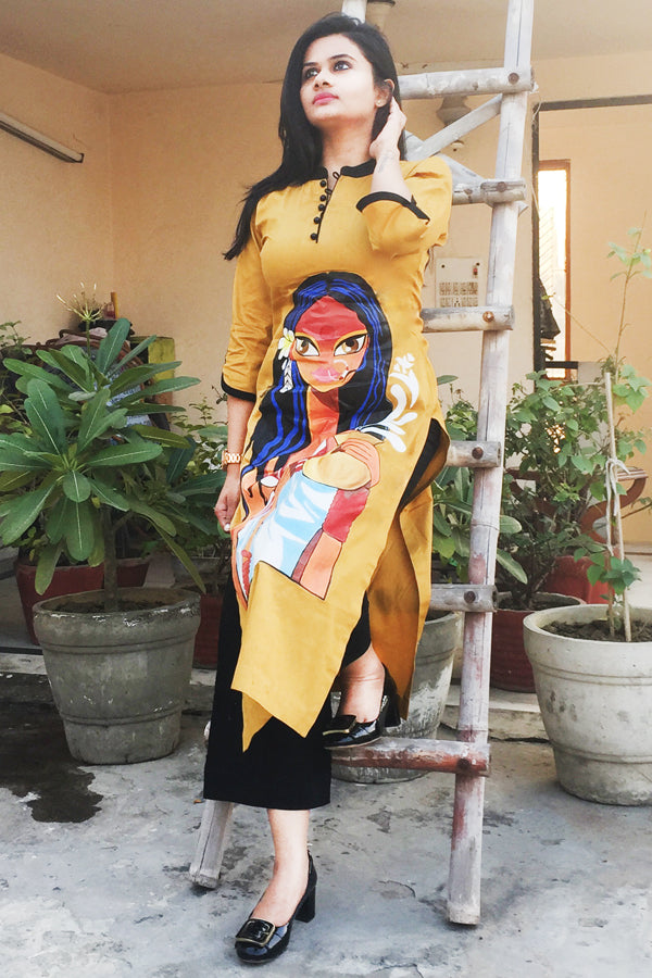 Mustard Glace Cotton Handpainted Kurti