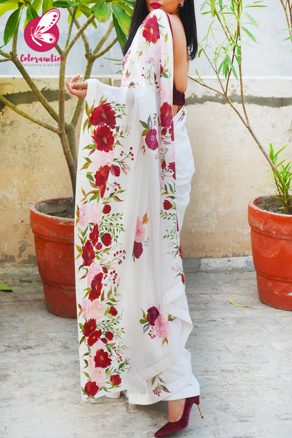 White Hand-painted Viscose Crepe Saree