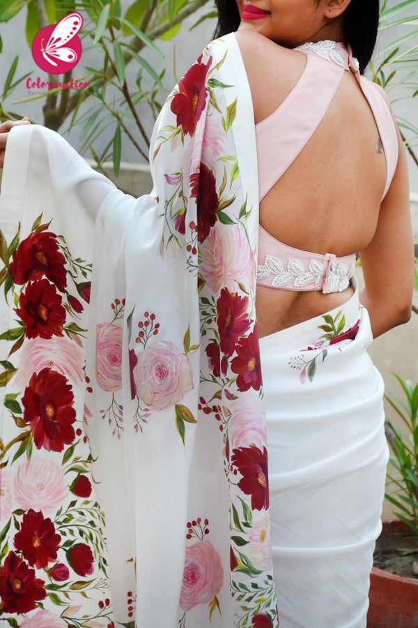 White Hand-painted Viscose Crepe Saree