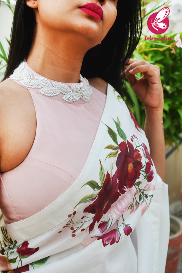 White Hand-painted Viscose Crepe Saree
