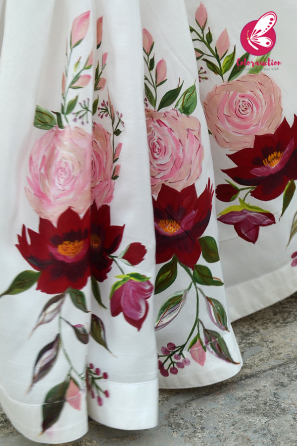 White Hand-painted Viscose Crepe Saree
