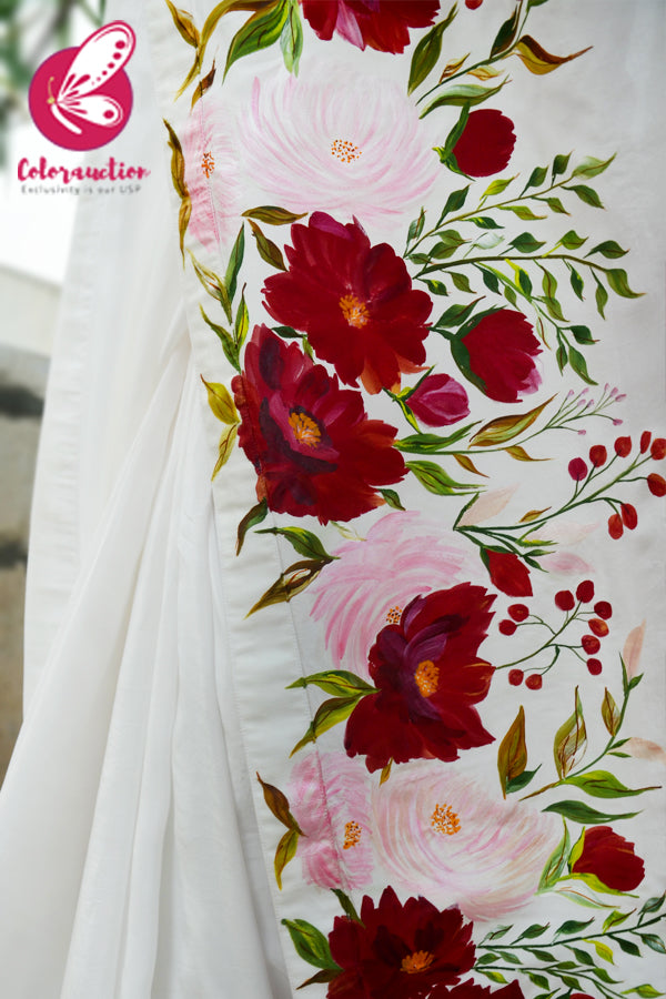 White Hand-painted Viscose Crepe Saree