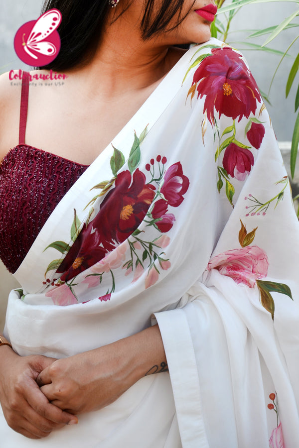 White Hand-painted Viscose Crepe Saree