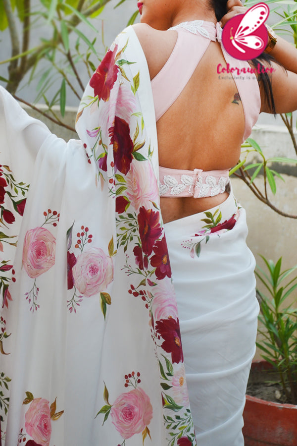 White Hand-painted Viscose Crepe Saree