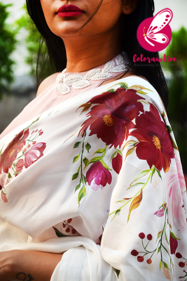 White Hand-painted Viscose Crepe Saree