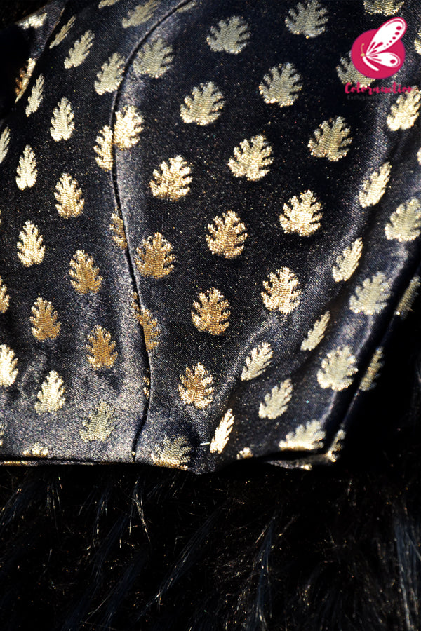 Black &amp; Golden Motifs Brocade Halter Neck Padded Backless Blouse