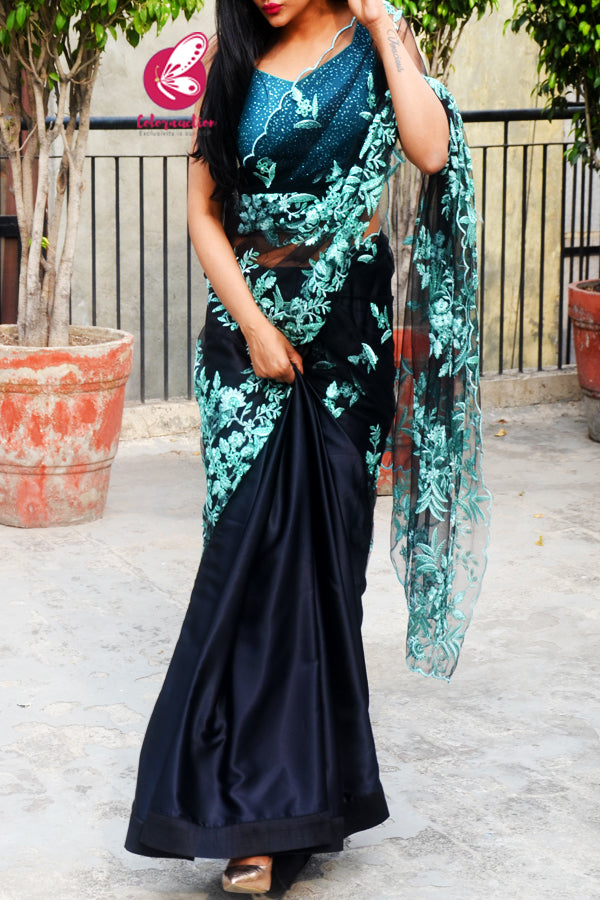 Black Embroidered Net Satin Half &amp; Half Saree