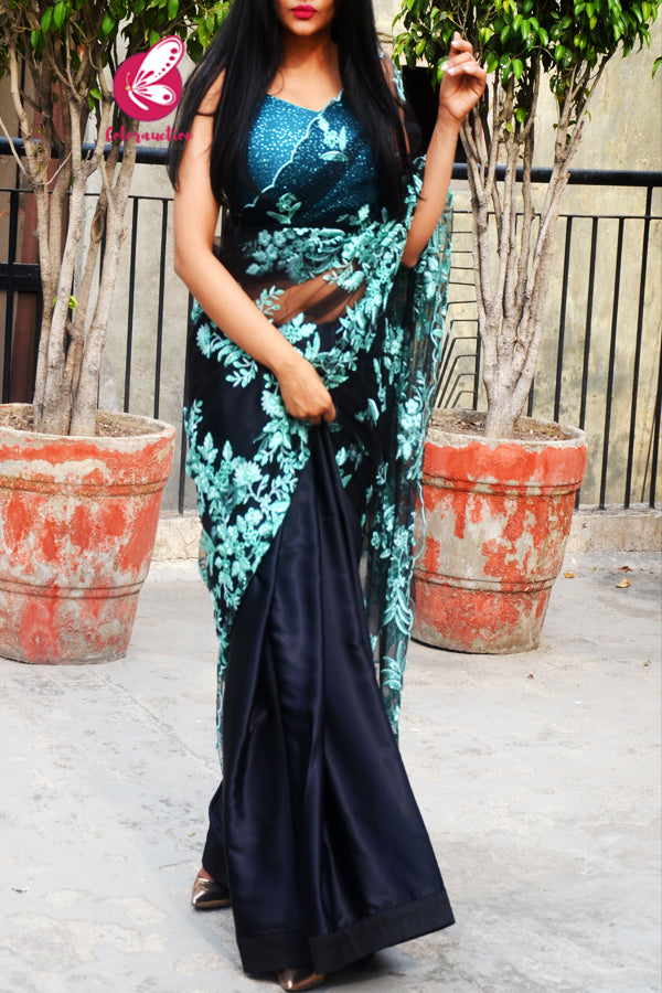 Black Embroidered Net Satin Half &amp; Half Saree