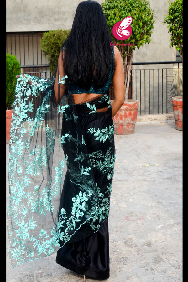 Black Embroidered Net Satin Half &amp; Half Saree