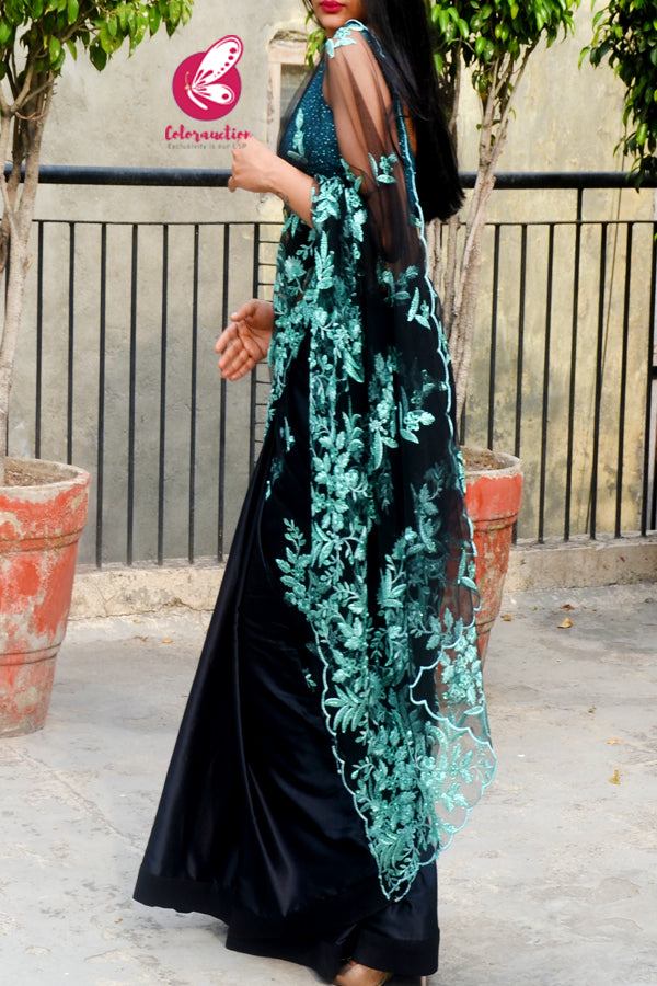 Black Embroidered Net Satin Half &amp; Half Saree