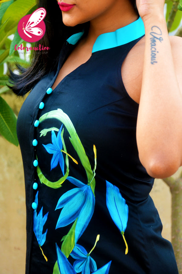 Black Handpainted Cotton Silk Front Side Slit Kurti