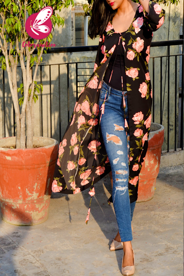 Black Printed Crepe Neon Pink Floral Long Shrug
