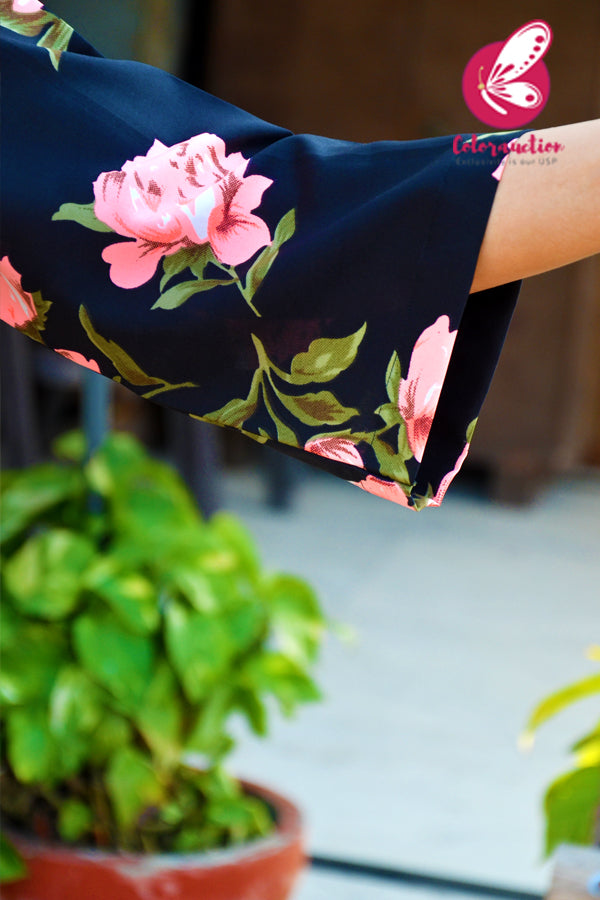 Black Printed Crepe Neon Pink Floral Long Shrug
