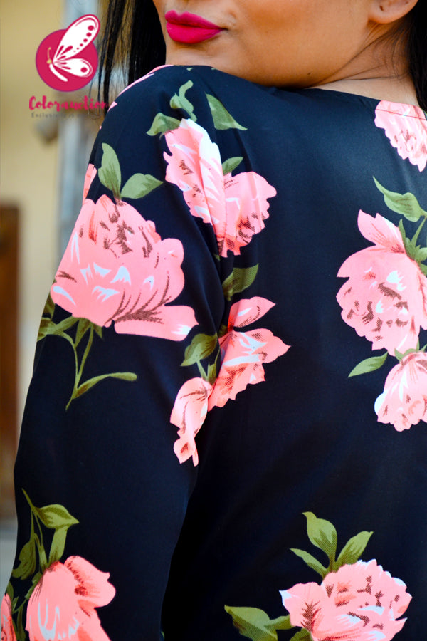 Black Printed Crepe Neon Pink Floral Long Shrug