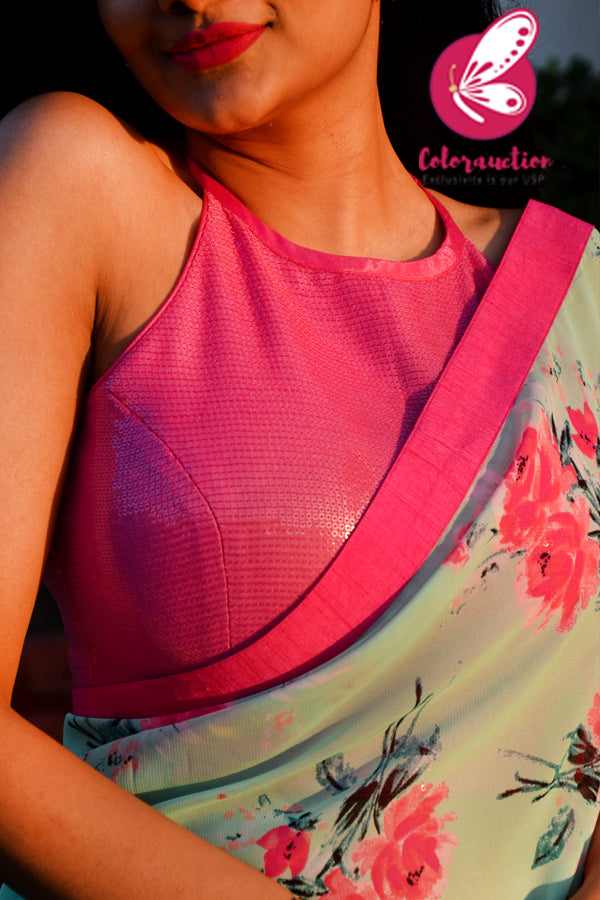 Multicolored Printed Chiffon Georgette Pink Dupion Taping Saree