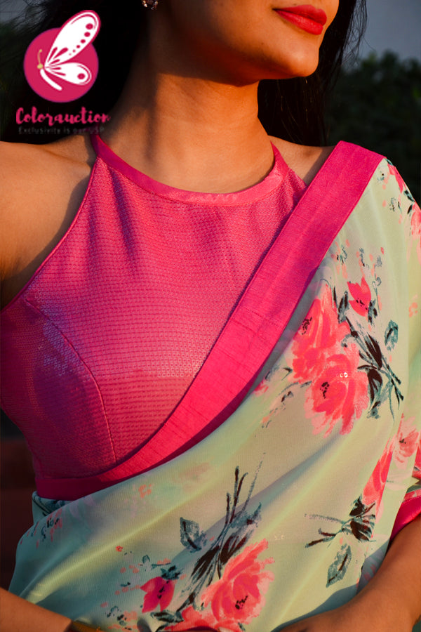 Multicolored Printed Chiffon Georgette Pink Dupion Taping Saree