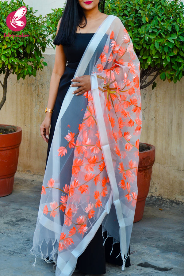 White Organza Hand-painted Neon Orange Stole
