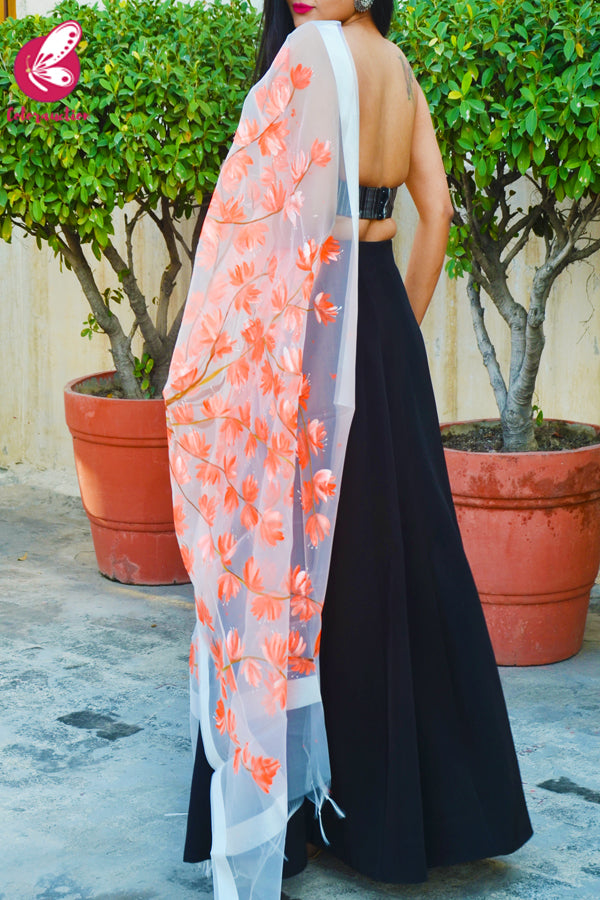 White Organza Hand-painted Neon Orange Stole