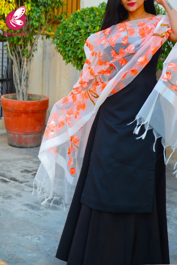 White Organza Hand-painted Neon Orange Stole