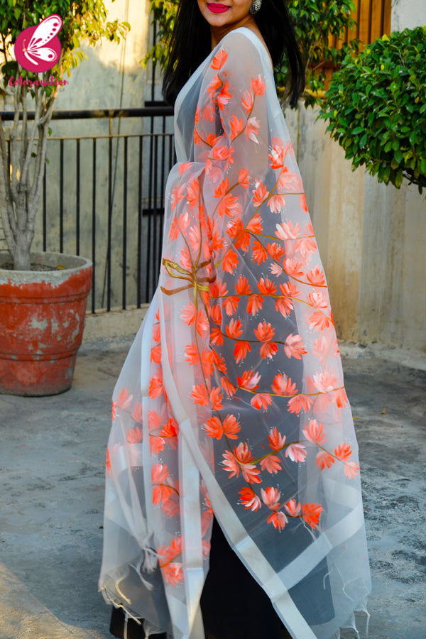 White Organza Hand-painted Neon Orange Stole