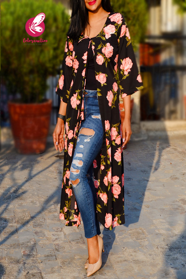 Black Printed Crepe Neon Pink Floral Long Shrug