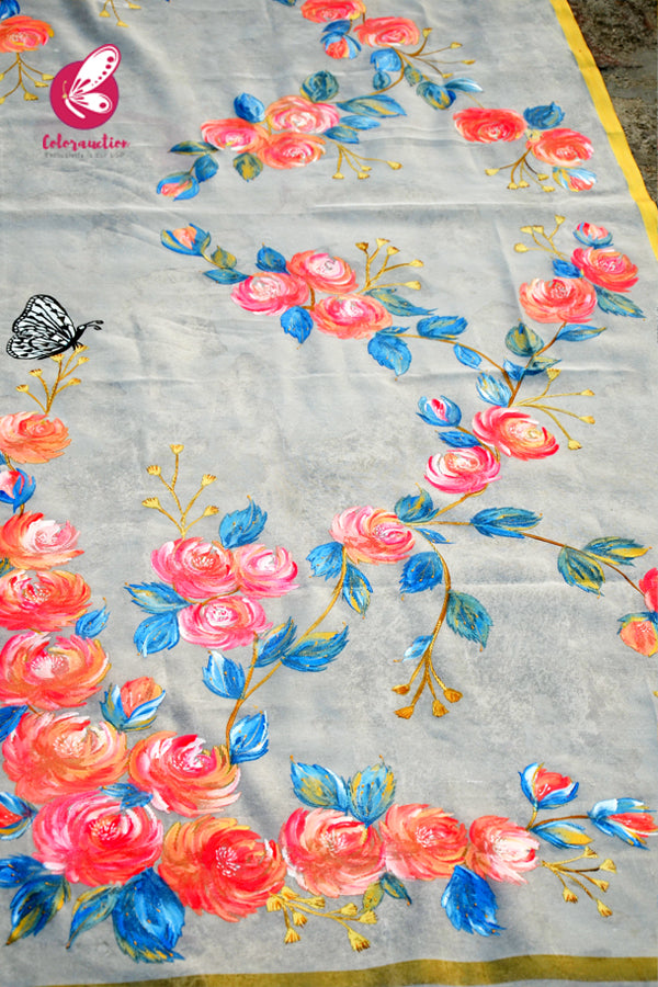 White Organza Hand painted Neon Colorful Floral Butterfly Stole