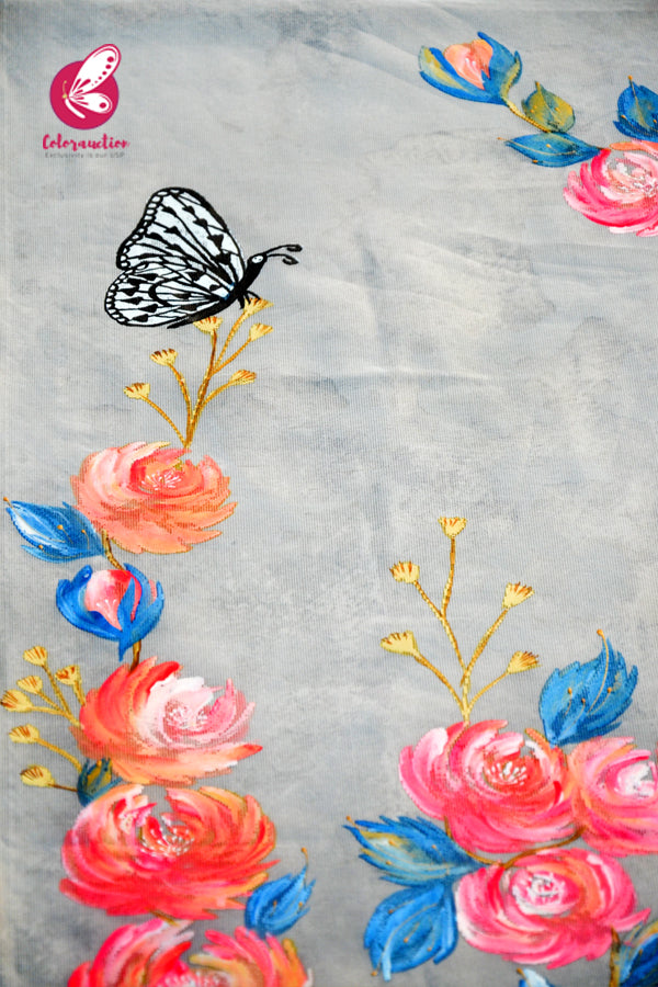 White Organza Hand painted Neon Colorful Floral Butterfly Stole