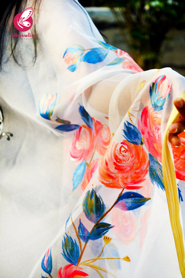 White Organza Hand painted Neon Colorful Floral Butterfly Stole