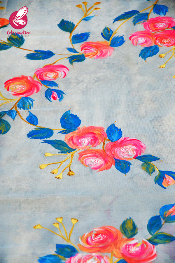 White Organza Hand painted Neon Colorful Floral Butterfly Stole