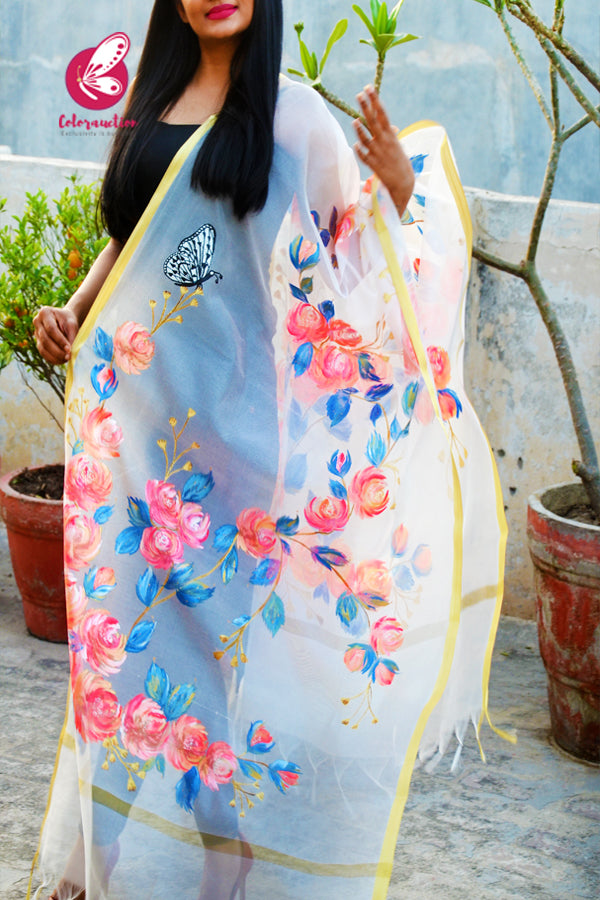 White Organza Hand painted Neon Colorful Floral Butterfly Stole
