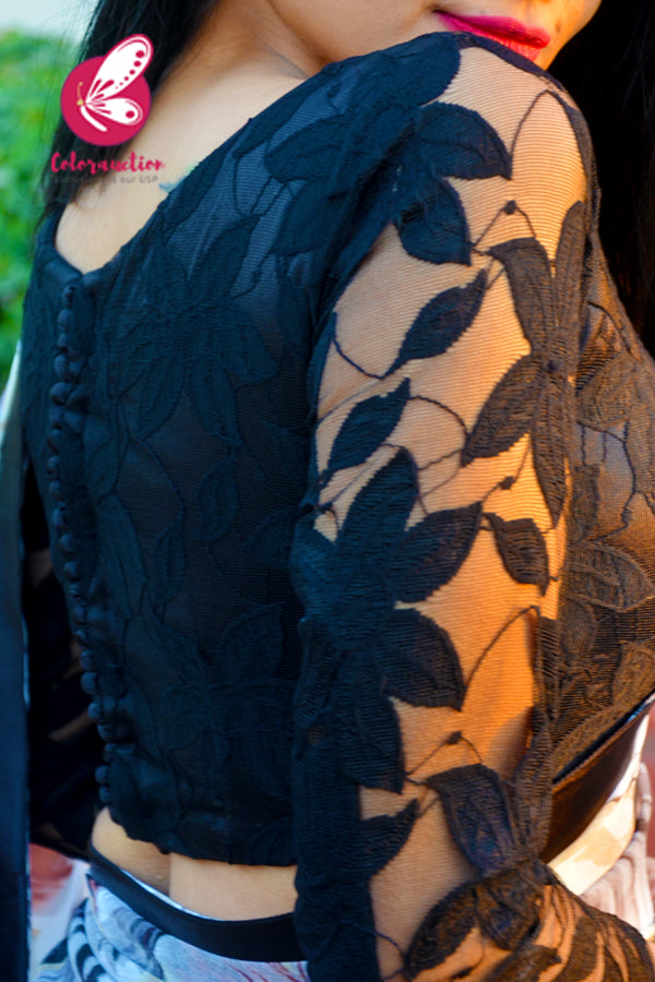 Printed Light Brown Chiffon Black Satin Taping Saree