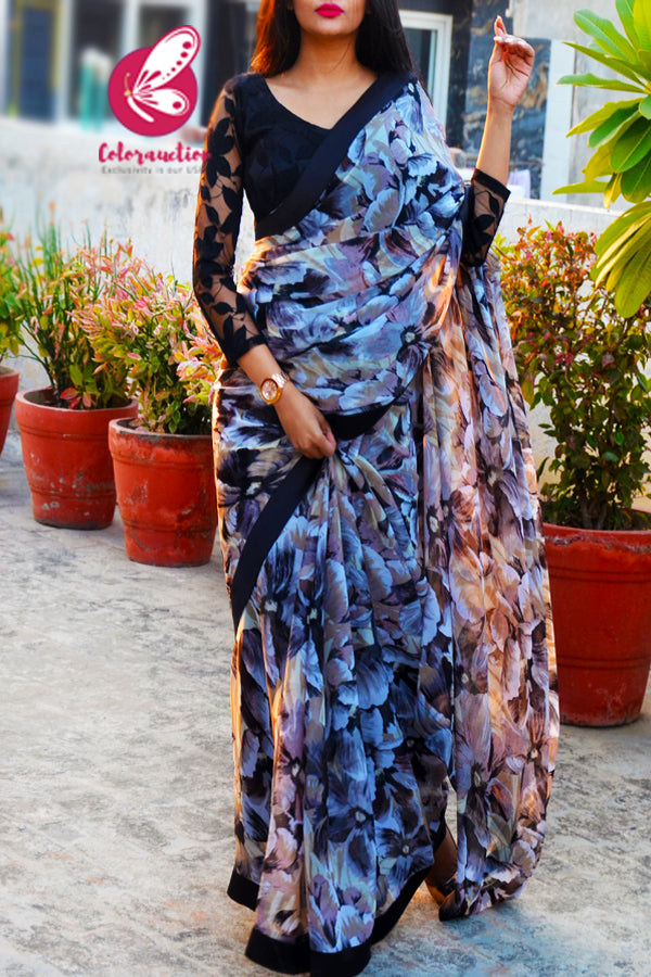 Printed Light Brown Chiffon Black Satin Taping Saree
