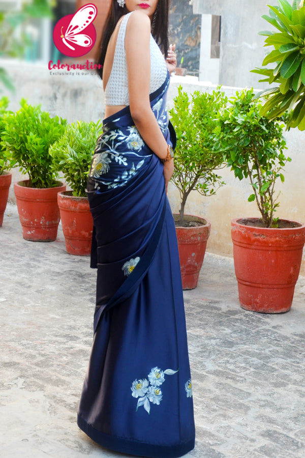 Blue Roses Hand-painted Satin Dupion Taping Saree