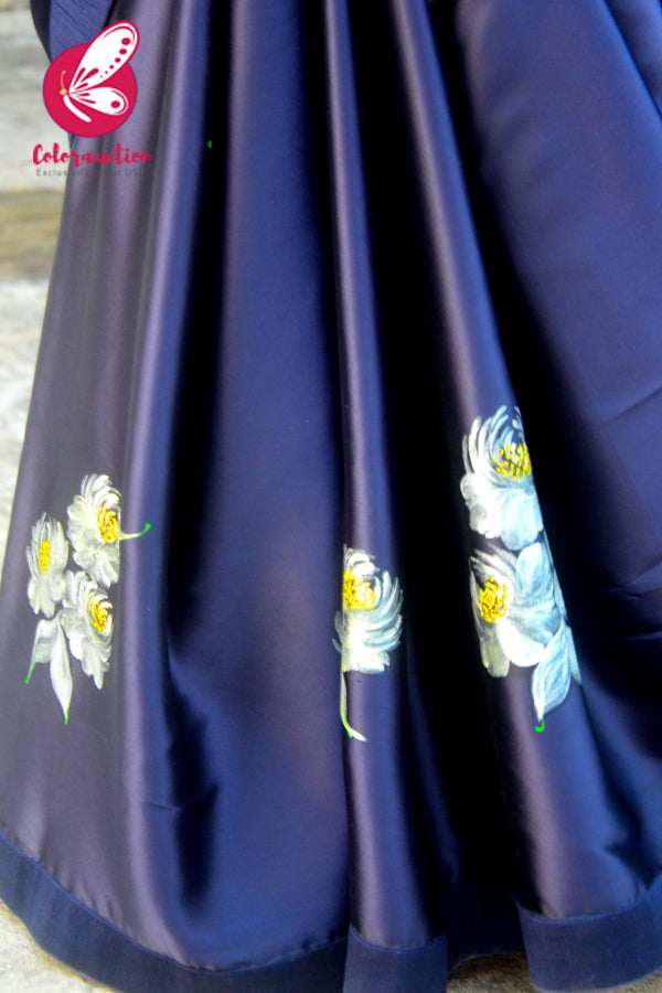 Blue Roses Hand-painted Satin Dupion Taping Saree