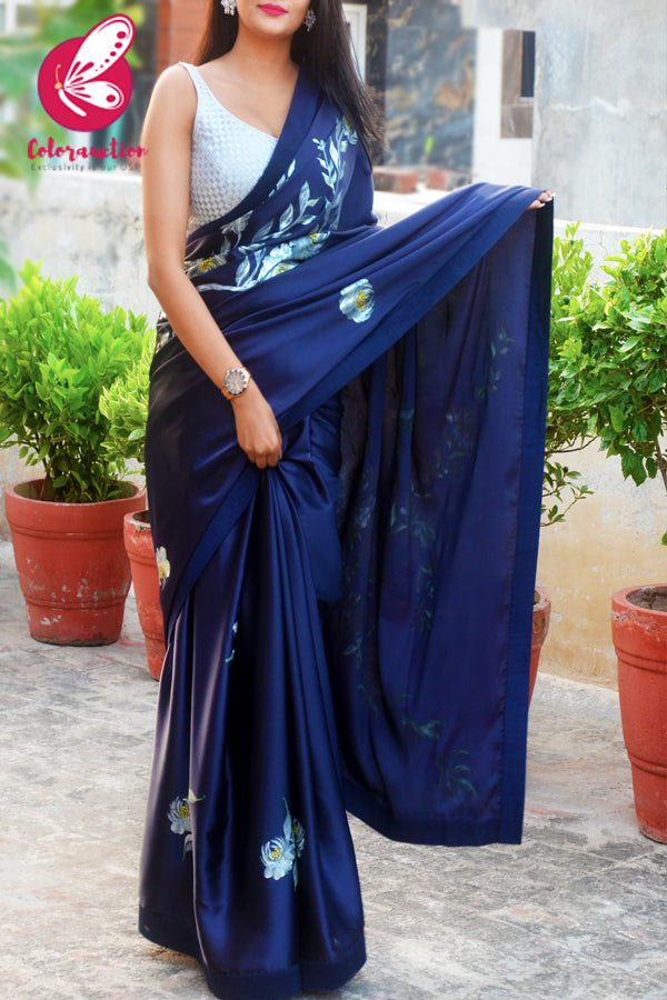 Blue Roses Hand-painted Satin Dupion Taping Saree