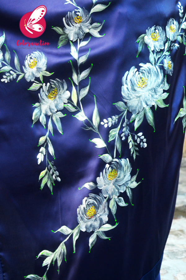 Blue Roses Hand-painted Satin Dupion Taping Saree