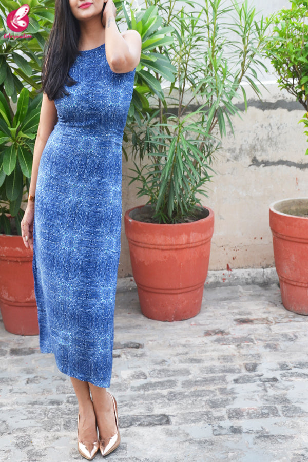 Blue Printed Crepe Dress